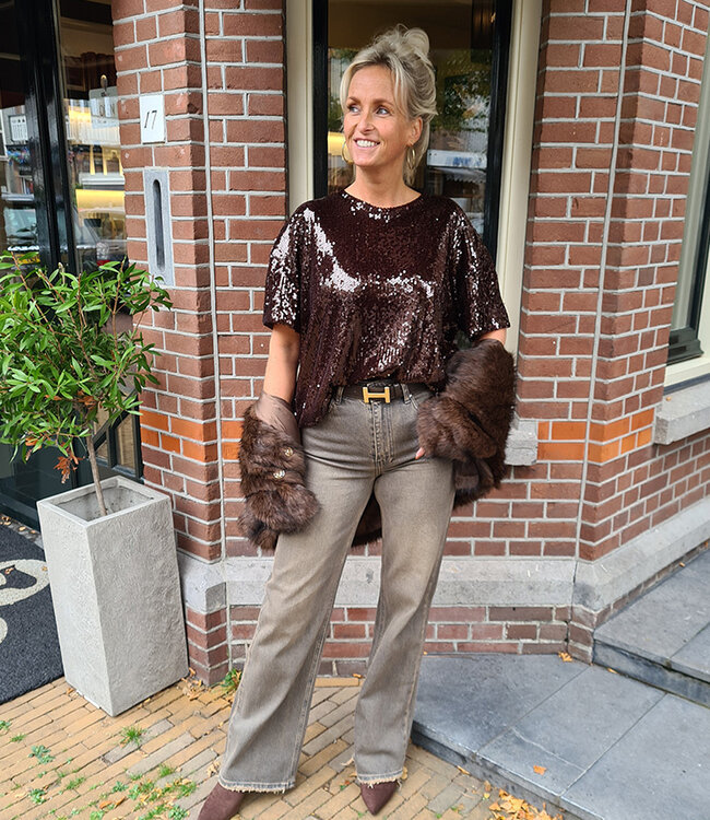 Pailletten Tee Donkerbruin