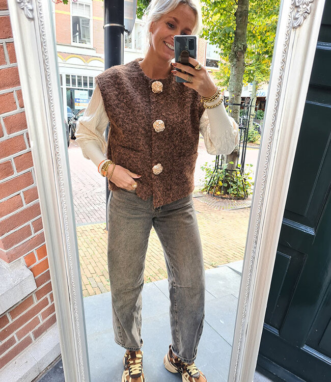 Vilted Gilet Gouden knopen Gemêleerd Bruin