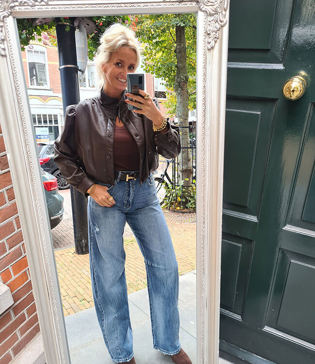 Lederlook Short Pofmouw Donkerbruin