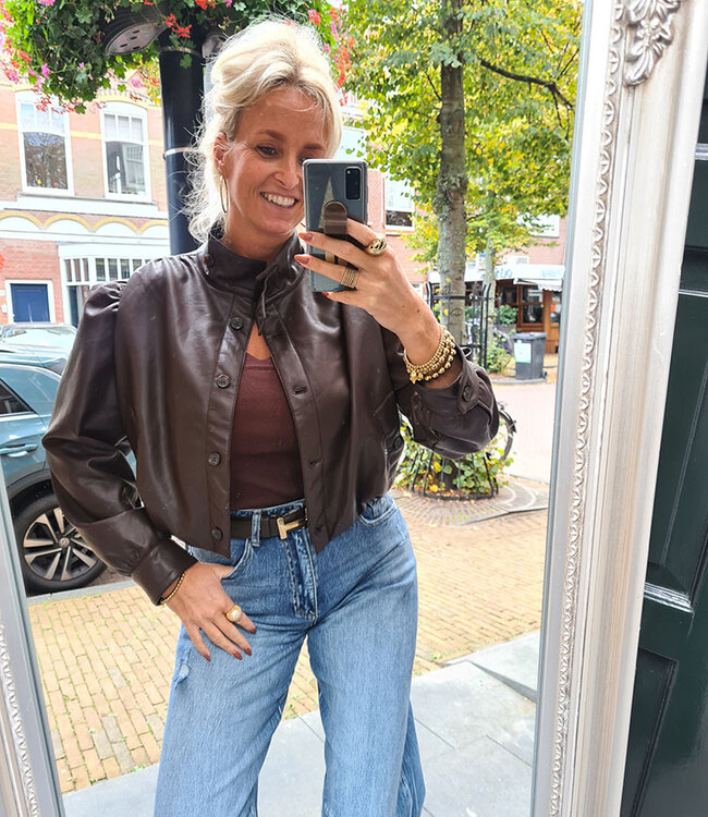 Lederlook Short Pofmouw Donkerbruin