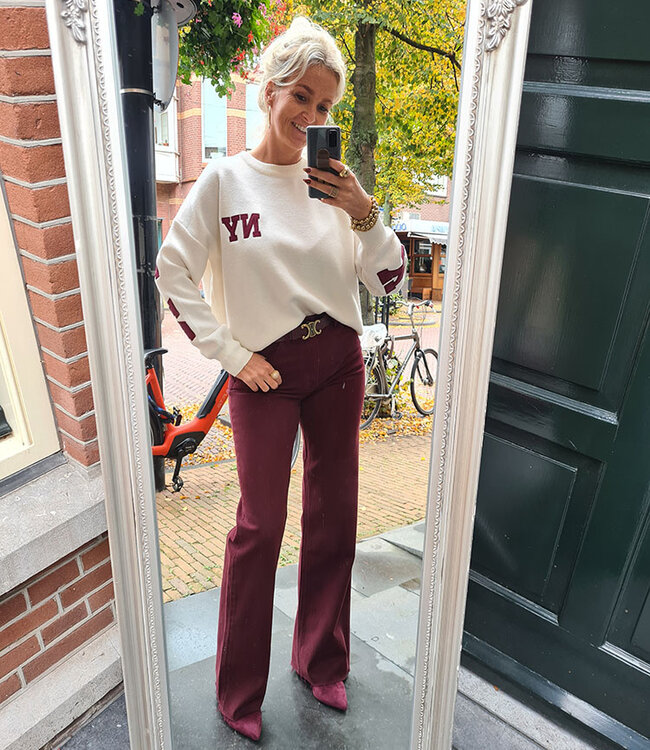 Knit Trui NY Back Print Crème/Bordeaux
