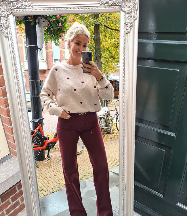 Knit Trui Crème Bordeaux Hartjes