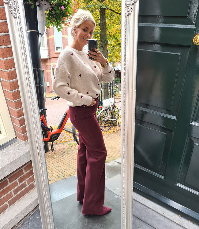 Knit Trui Crème Bordeaux Hartjes