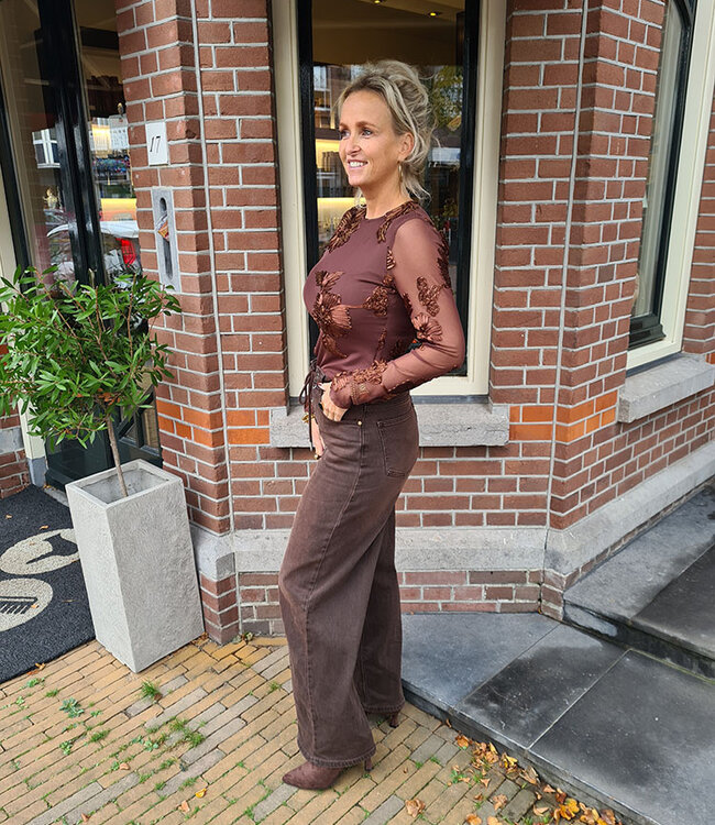 Mesh Longsleeve Geborduurd Bruin