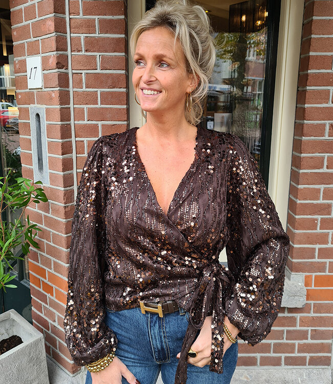 Overslag/wikkel Pailletten Blouse Donkerbruin