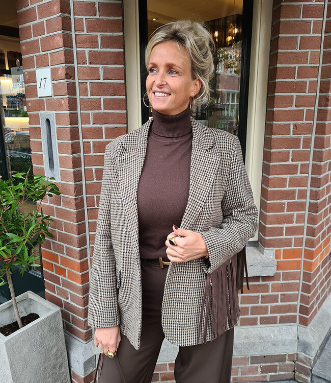 Blazer Ruit Suedelook Franje Bruintinten