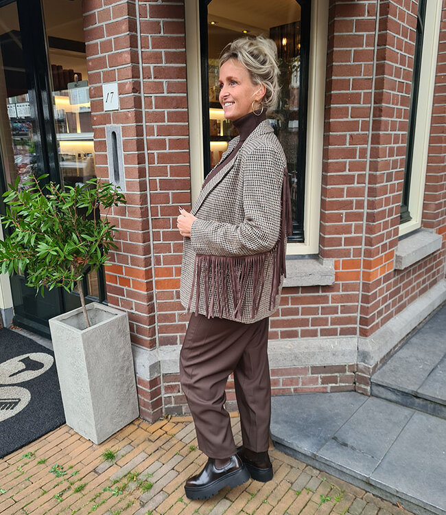 Blazer Ruit Suedelook Franje Bruintinten