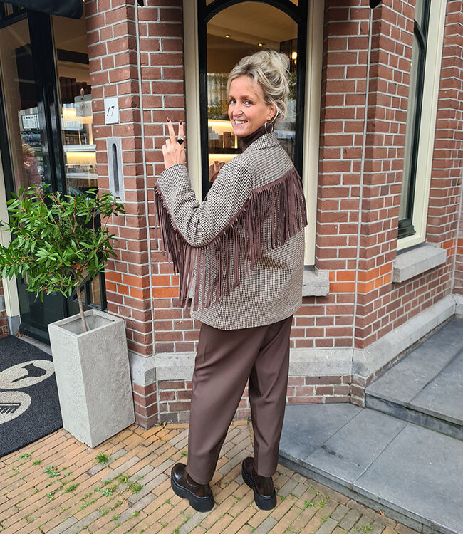 Blazer Ruit Suedelook Franje Bruintinten