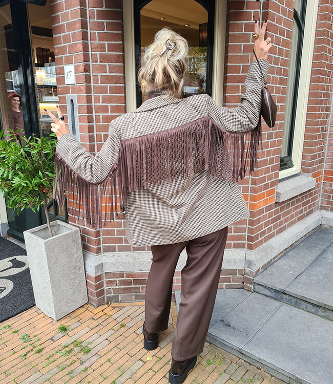 Blazer Ruit Suedelook Franje Bruintinten