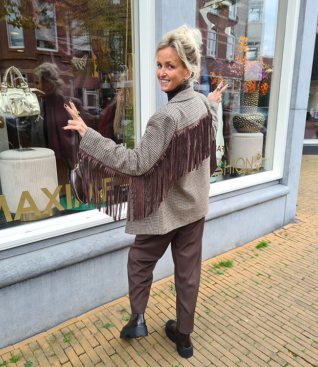 Blazer Ruit Suedelook Franje Bruintinten