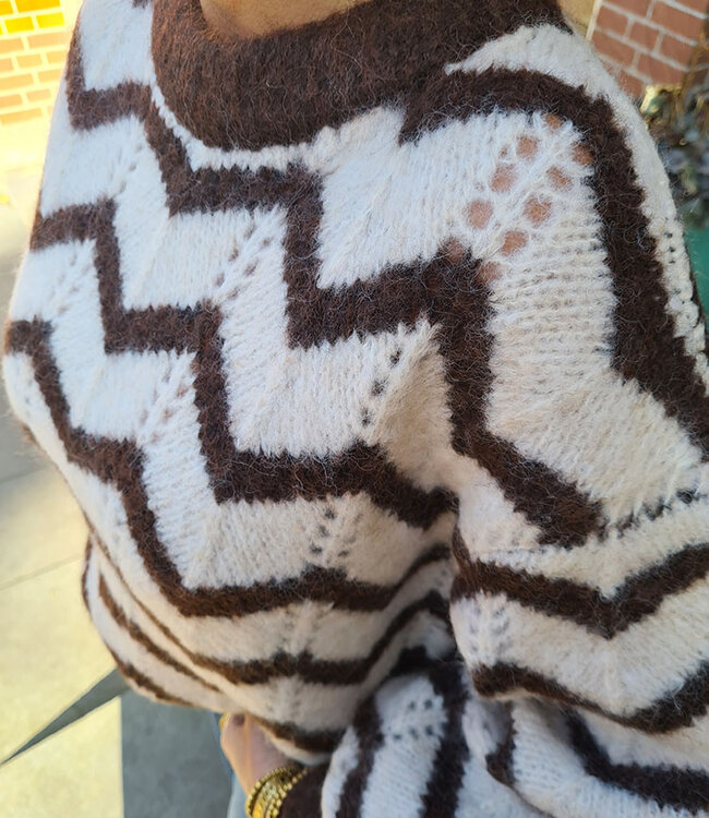 Zigzag Streep Trui Donkerbruin/Crème