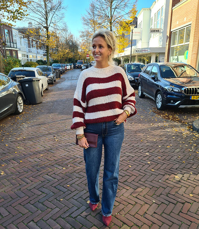 Knit Ballonmouw Streeptrui Bordeaux/Crème