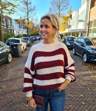 Knit Ballonmouw Streeptrui Bordeaux/Crème