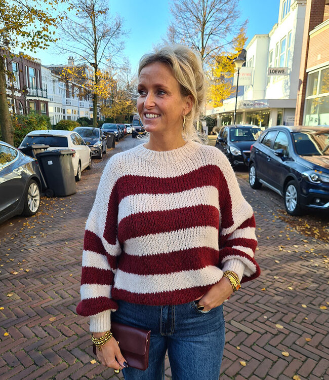 Knit Ballonmouw Streeptrui Bordeaux/Crème