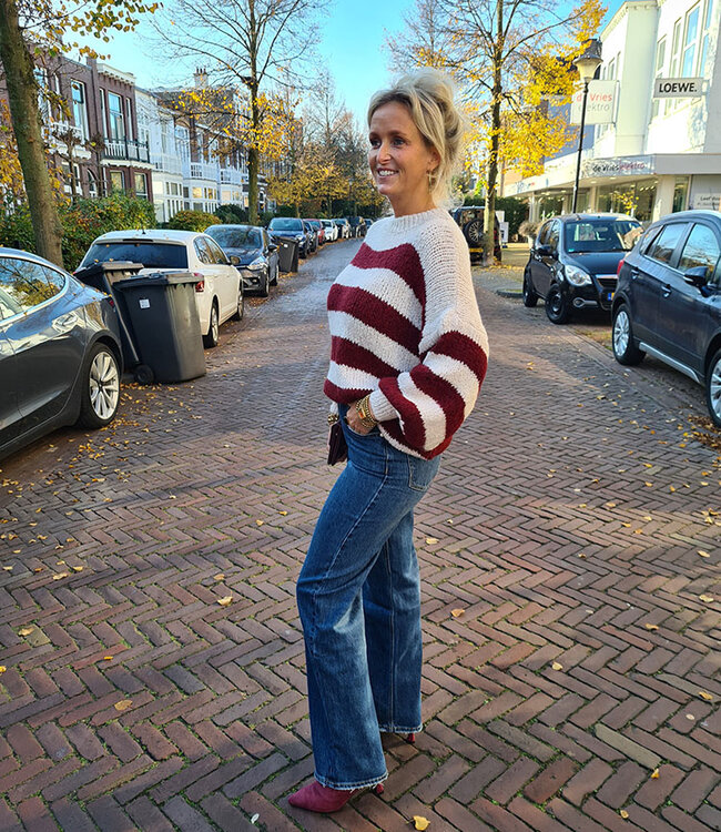 Knit Ballonmouw Streeptrui Bordeaux/Crème