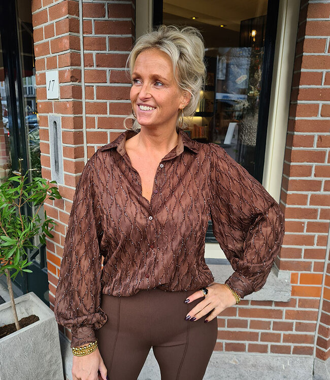 Blouse Shimmer Golvende Print Bruin