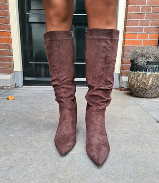 Hoge Suedelook Laars Hakje Donkerbruin