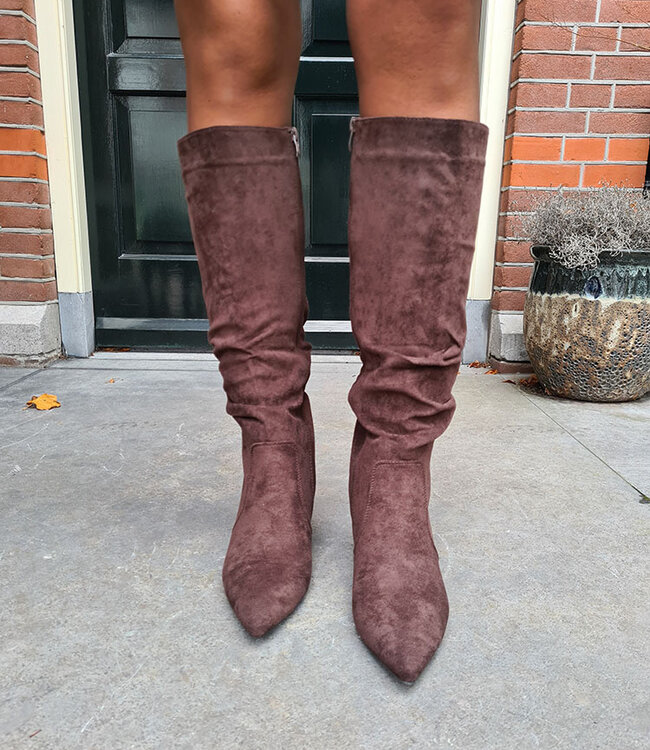 Hoge Suedelook Laars Hakje Donkerbruin