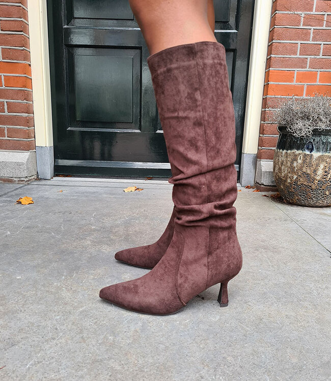 Hoge Suedelook Laars Hakje Donkerbruin