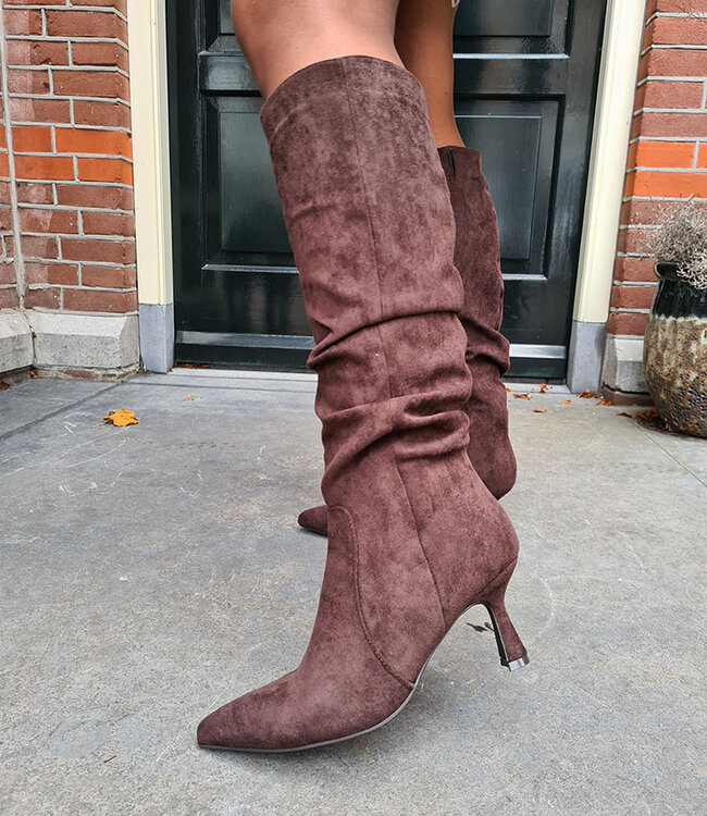 Hoge Suedelook Laars Hakje Donkerbruin