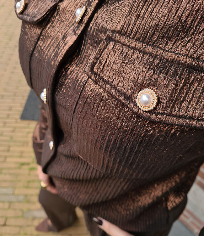 Azzurro Shimmer Doorknoop Blouse Brons