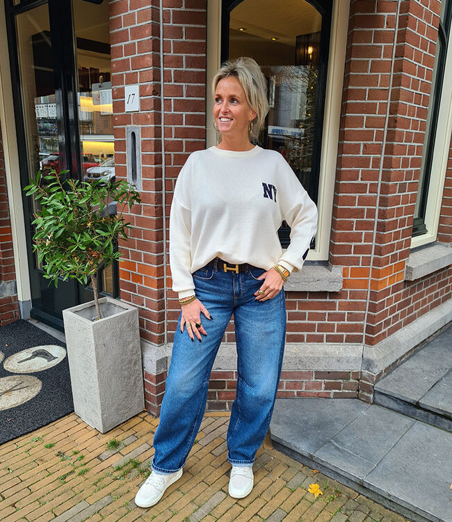 Knit Trui NY Back Print Crème/Donkerblauw