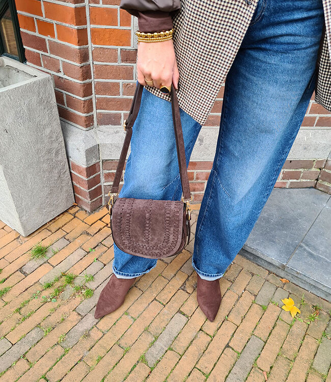 Suede Bag Gevlochten Donkerbruin