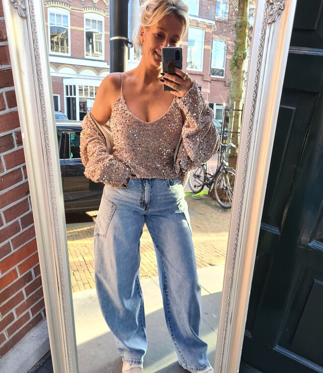 Sequin/Velvet Top Crème/taupe