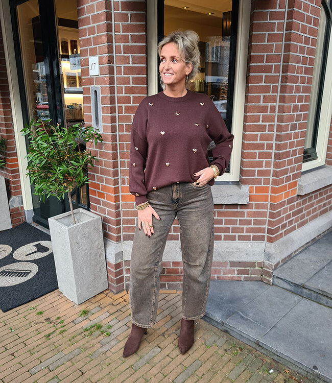 Knit Trui Gouden Hartjes Donkerbruin