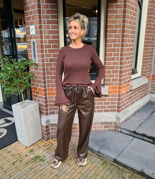 Longsleeve Effen Uitlopende Mouw Donkerbruin