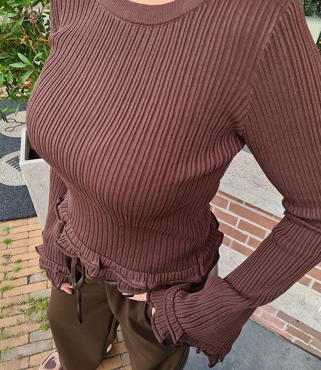 Longsleeve Effen Uitlopende Mouw Donkerbruin