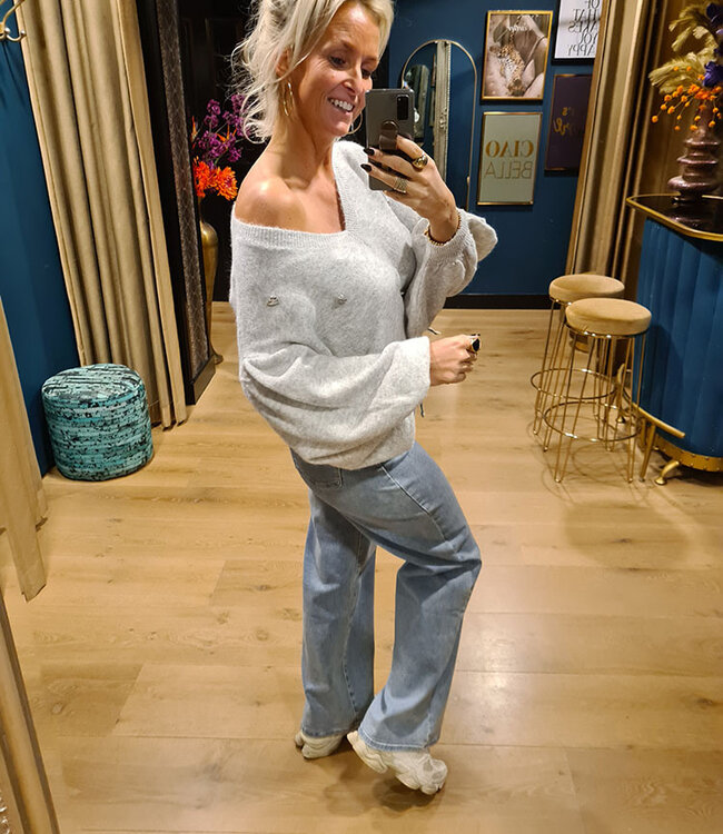 Knit Trui V-Hals Hartjes Grijs