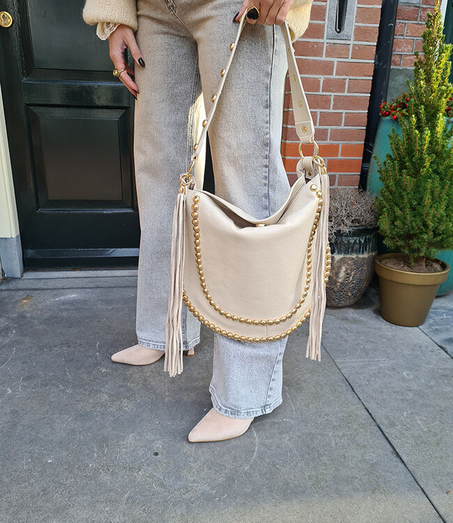 Lederen Grote Tas met Gouden studs Crème