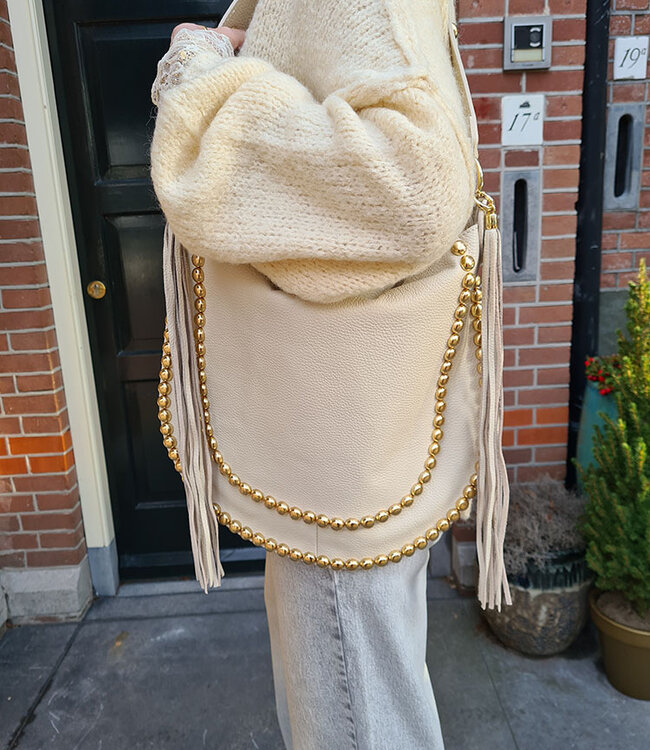 Lederen Grote Tas met Gouden studs Crème