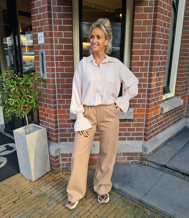 Azzurro Ruiten Blouse Gesmokte Mouw Beige