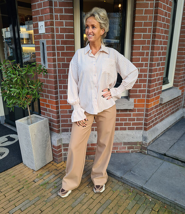 Azzurro Ruiten Blouse Gesmokte Mouw Beige