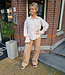 Azzurro Ruiten Blouse Gesmokte Mouw Beige