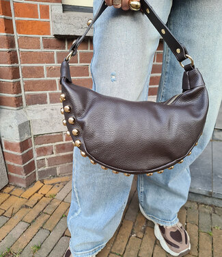 Lederen Bag Halve Maan met Gouden Studs Donkerbruin