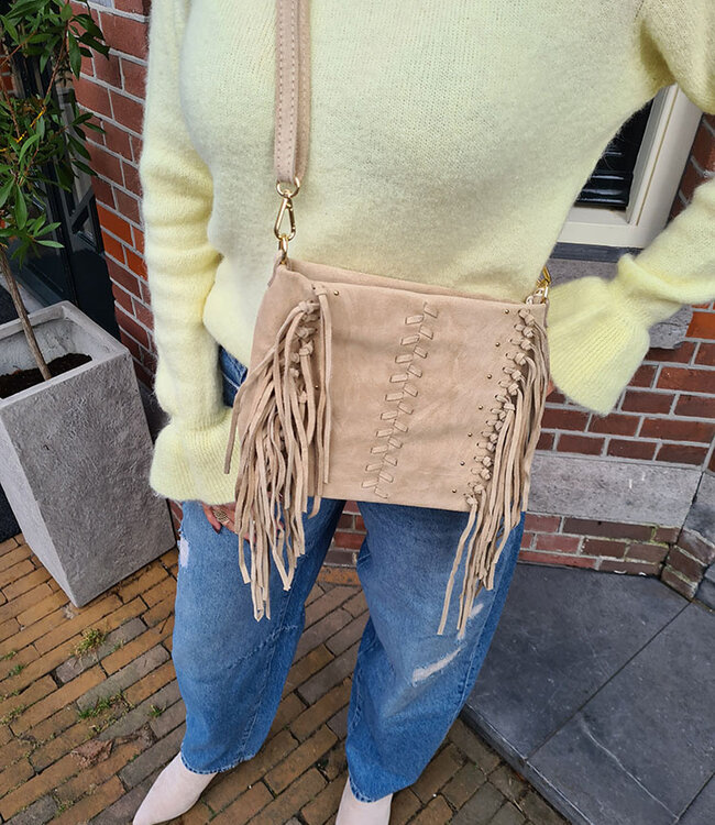 Angie Suede Fringe Bag Beige