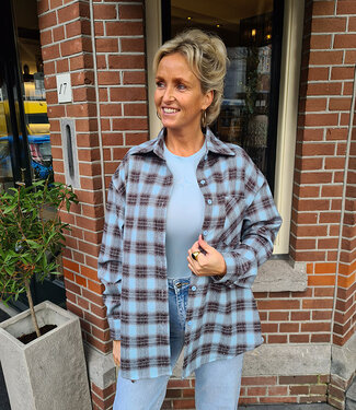 Oversized Ruitjes Blouse Zachtblauw/Bruin met Strass