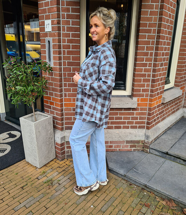 Oversized Ruitjes Blouse Zachtblauw/Bruin met Strass