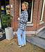 Oversized Ruitjes Blouse Zachtblauw/Bruin met Strass