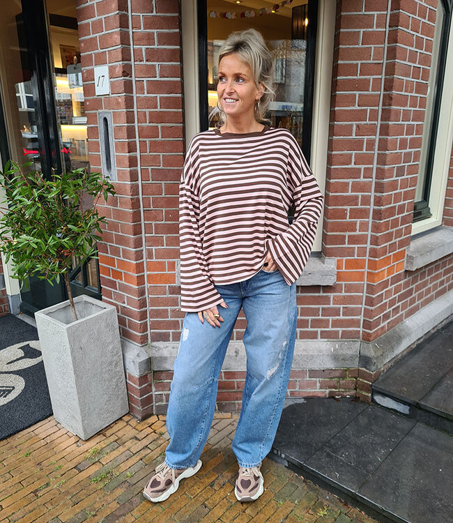 Basic Streepjes Longsleeve Oudroze/Bruin