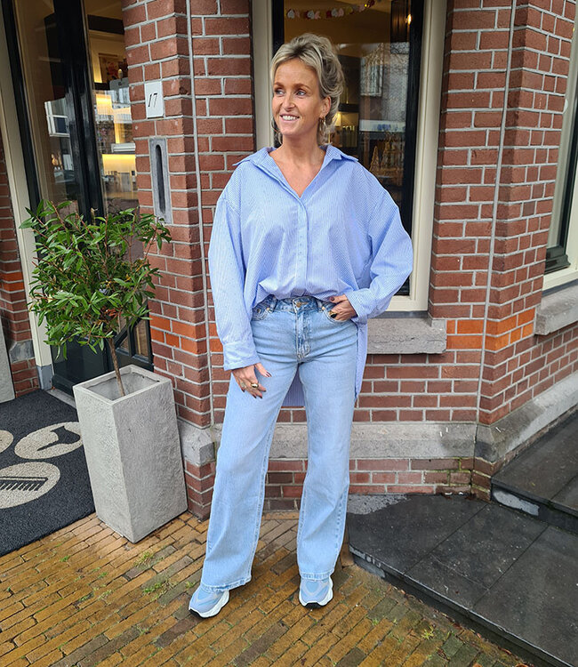 Oversized Blouse met Strepen/Strass Zachtblauw