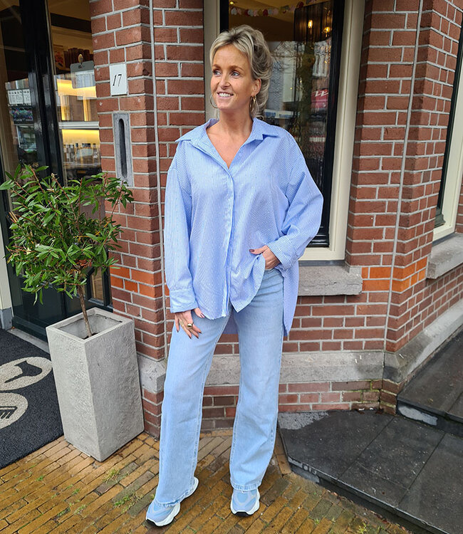 Oversized Blouse met Strepen/Strass Zachtblauw