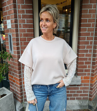Oversized Tee met Kantenmouwen Crème