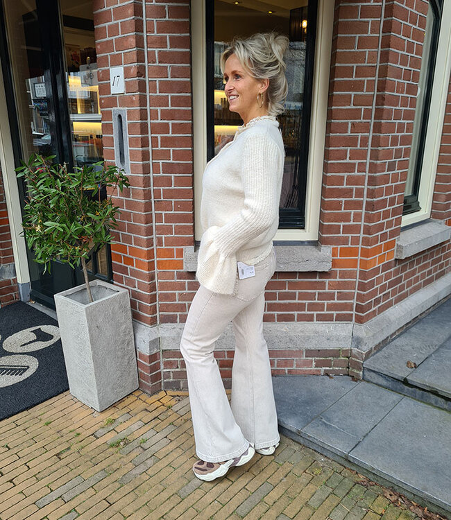 Gebreid Vestje Parel Knopen Uitlopende Mouw Beige