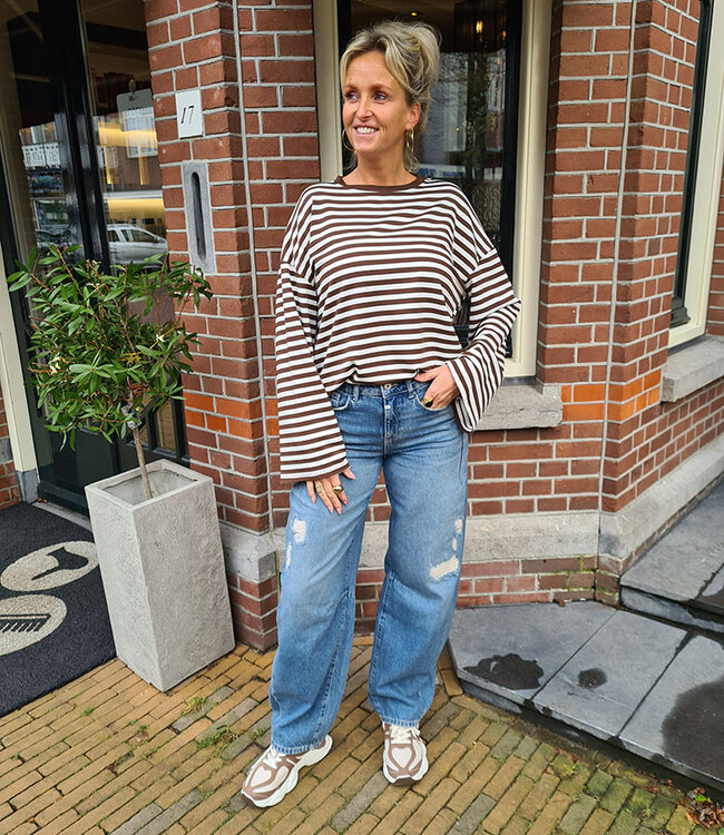 Basic Streepjes Longsleeve Donkerbruin/Crème