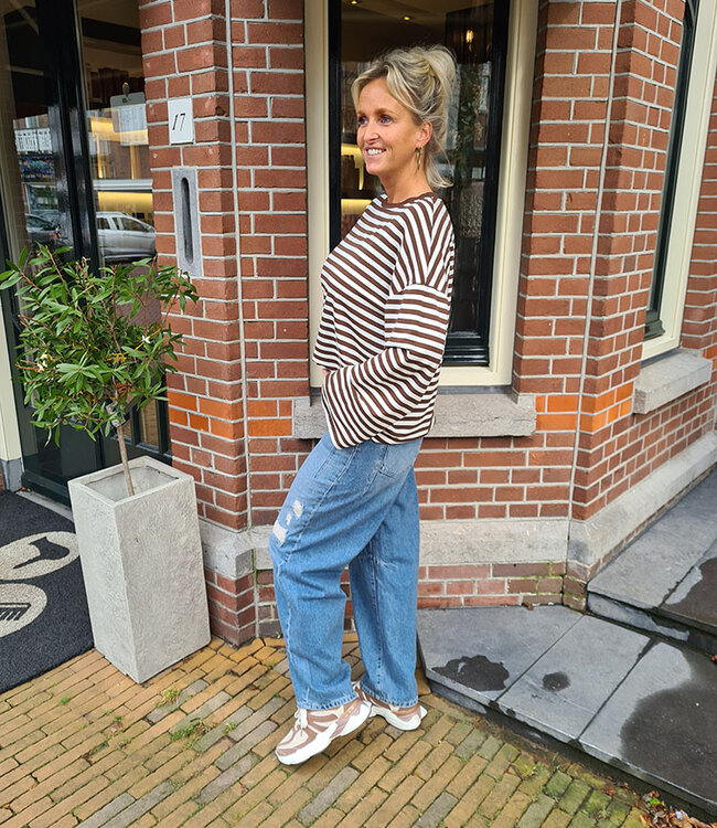Basic Streepjes Longsleeve Donkerbruin/Crème