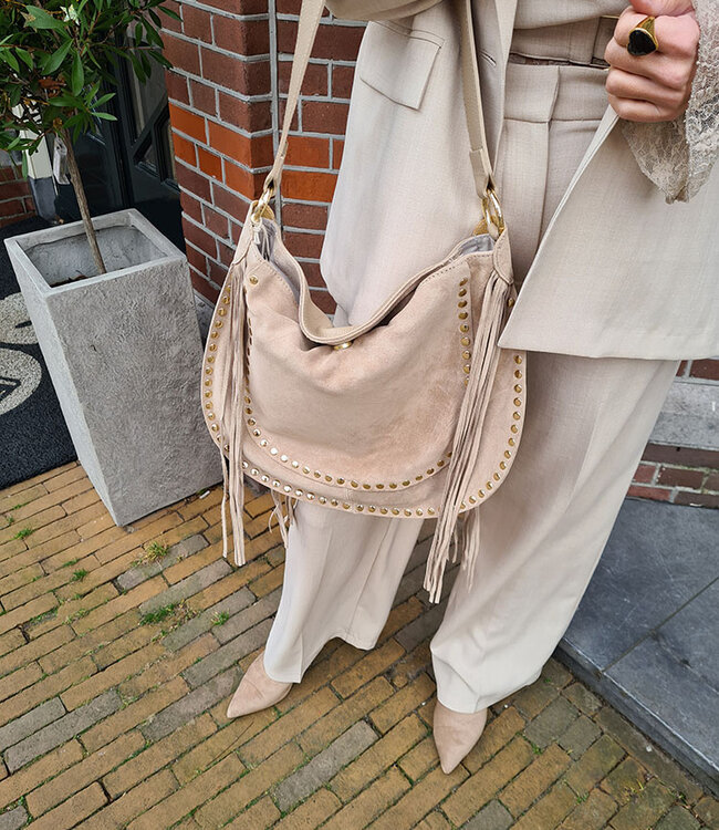 Lederen/Suede Grote Tas met Gouden studs Taupe